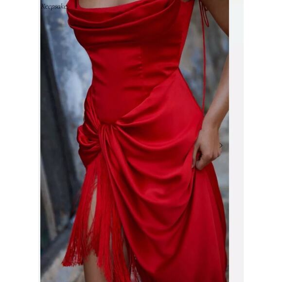 For Love & Lemons Red Anisa Silk Fringe Draped Midi Dress Size Medium - Picture 2 of 3